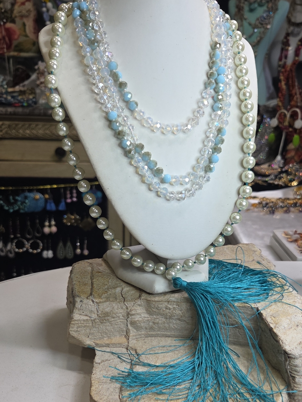 Bundle of glass pearl and blue tassel,  crystal necklace
